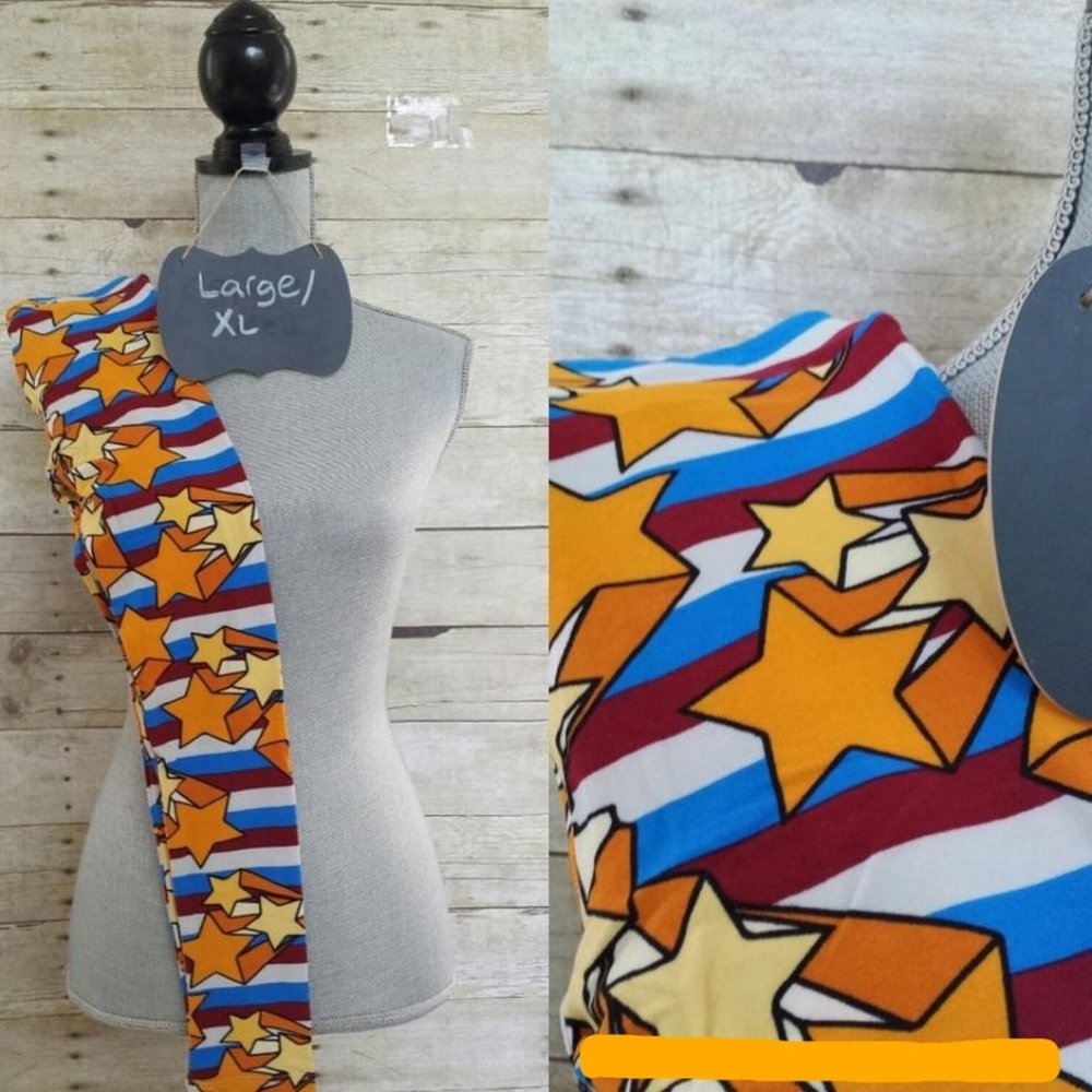 LuLaRoe Kid's Leggings L/XL - Yellow & Gold Stars - Red, White & Blue Stripes 2